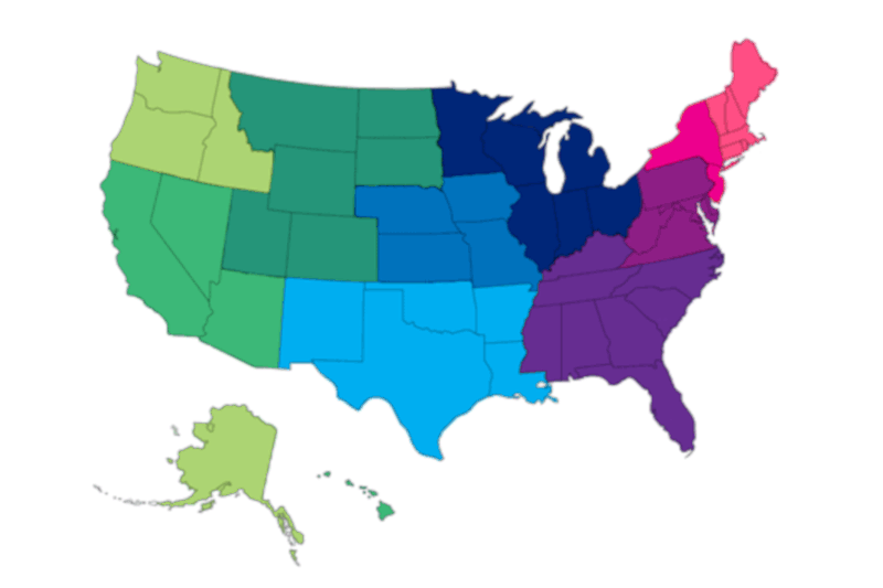 Map of USA showing states divided into 10 Social Security Administration regions Map of USA showing states divided into 10 Social Security Administration regions